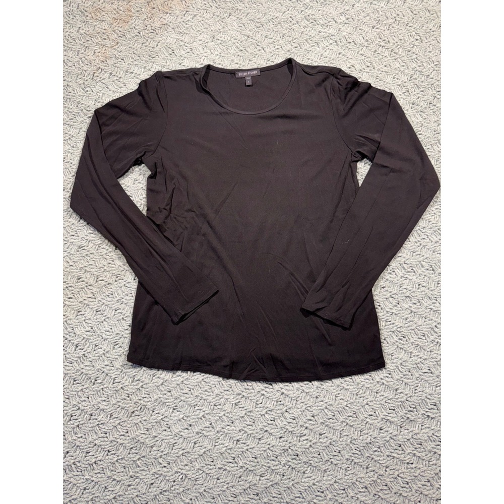 Eileen Fisher Women Black 100% Silk Long Sleeve Scoop Neck Jersey Top Size S